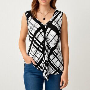 Alfani Petite Womens P/S Black White Abstract Print Sleeveless V-Neck Blouse Top